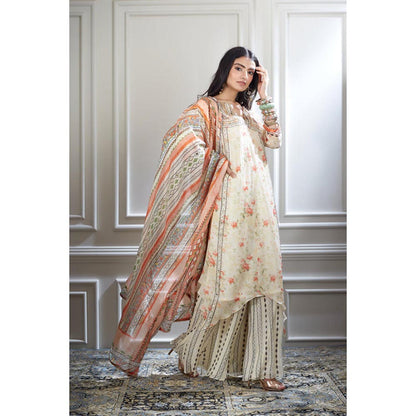 MANDIRA WIRK Women Chanderi Ivory Kurta with Sharara and Dupatta