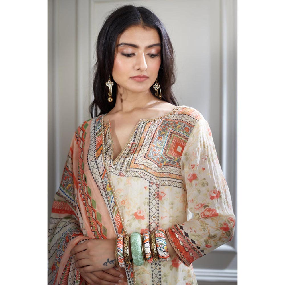 MANDIRA WIRK Women Chanderi Ivory Kurta with Sharara and Dupatta