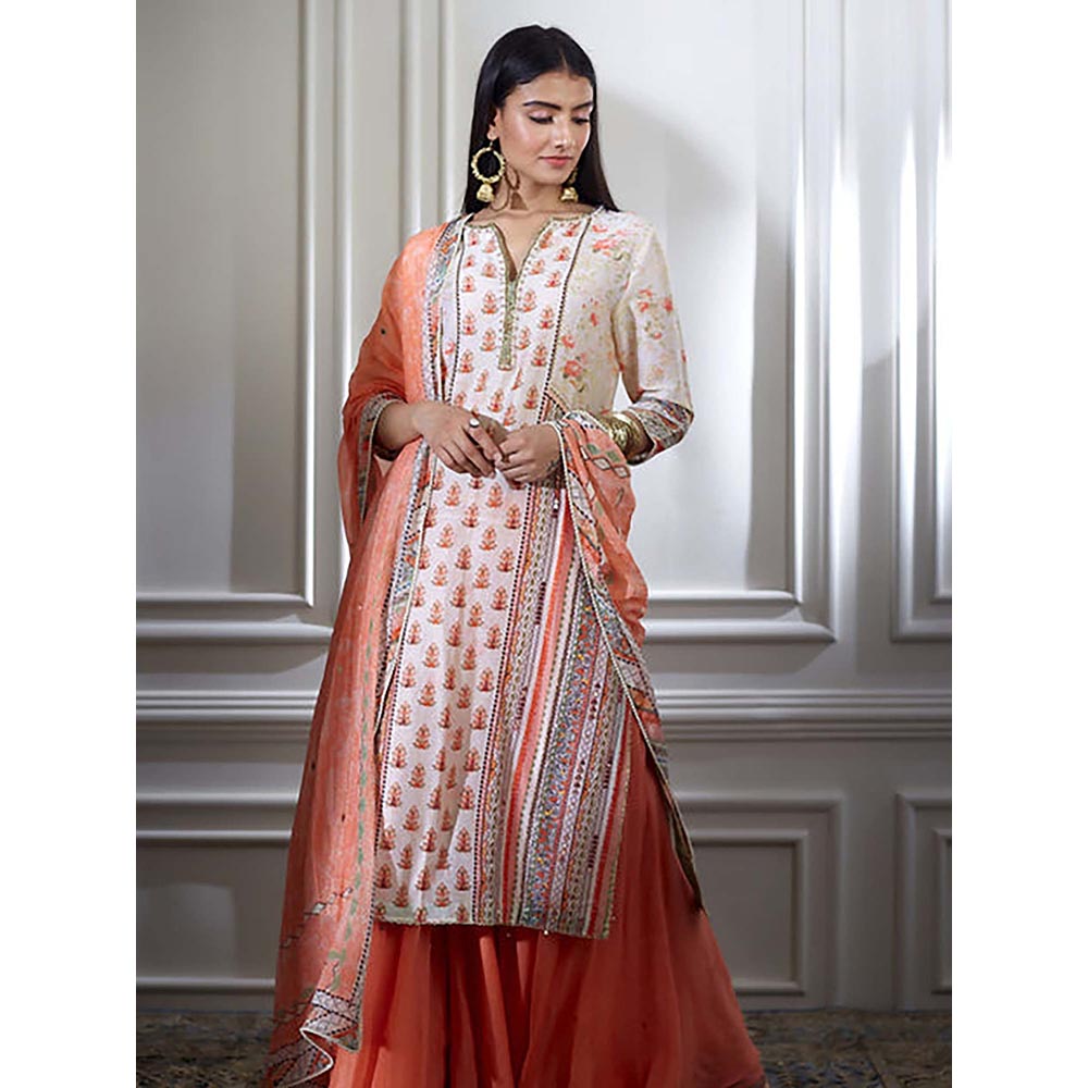 MANDIRA WIRK Women Chanderi Ivory Jacket with Sharara and Blouse