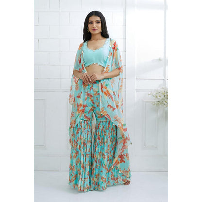 MANDIRA WIRK Women Chiffon Blue Top with Sharara and Cape