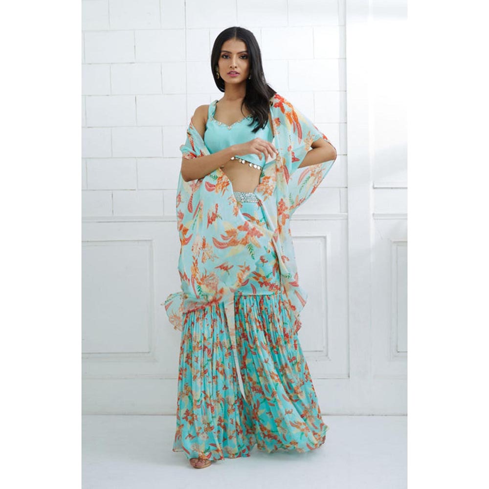 MANDIRA WIRK Women Chiffon Blue Top with Sharara and Cape