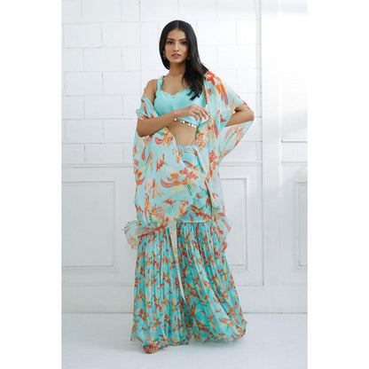 MANDIRA WIRK Women Chiffon Blue Top with Sharara and Cape