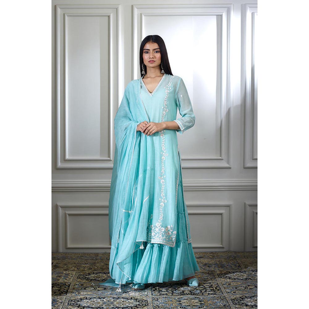 MANDIRA WIRK Women Chanderi Blue Kurta with Sharara and Dupatta