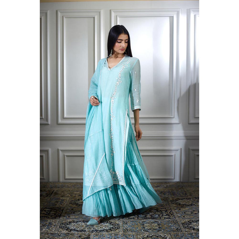 MANDIRA WIRK Women Chanderi Blue Kurta with Sharara and Dupatta
