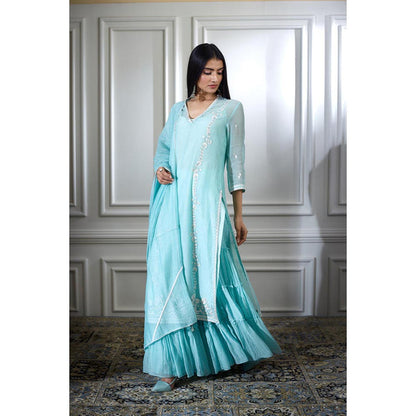 MANDIRA WIRK Women Chanderi Blue Kurta with Sharara and Dupatta