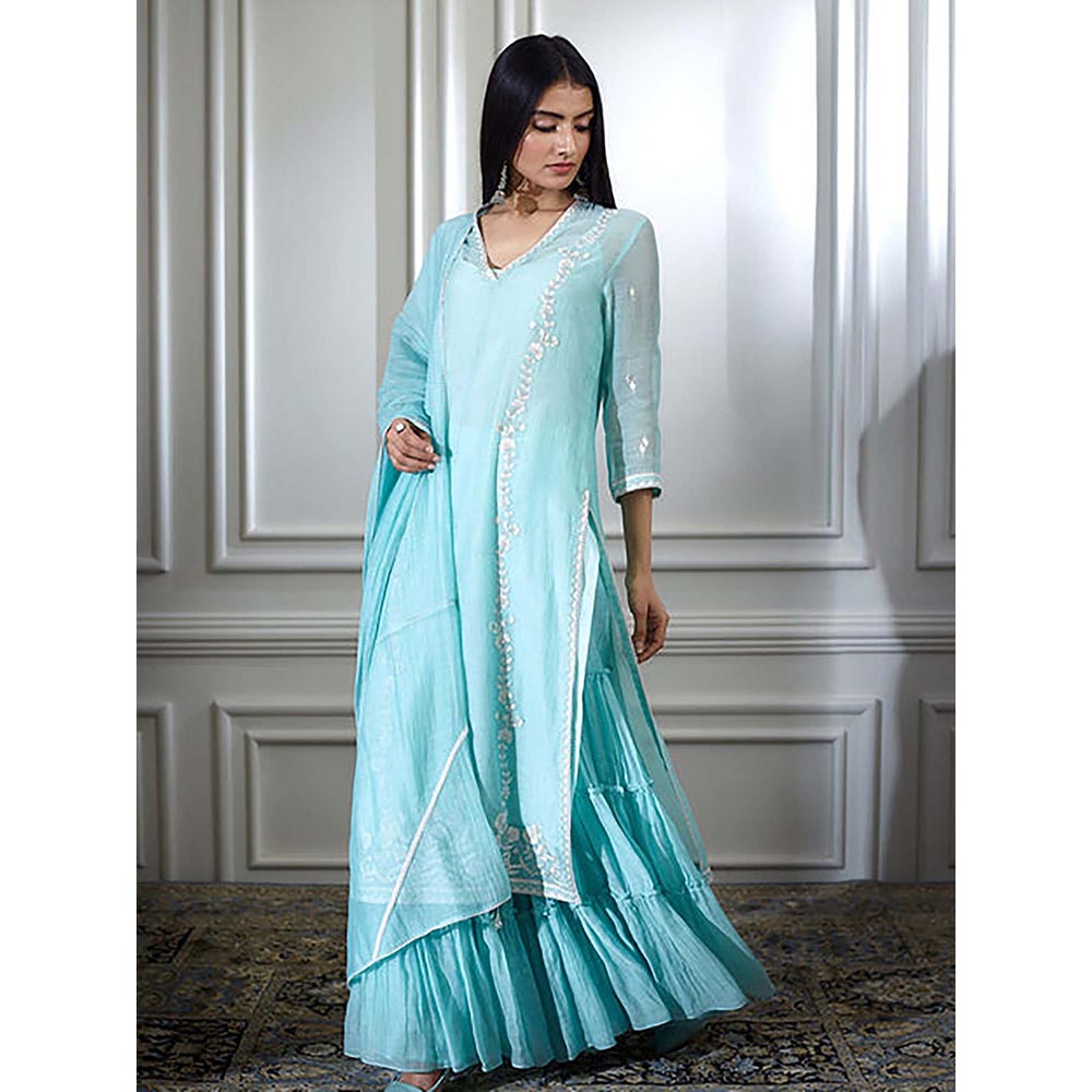 MANDIRA WIRK Women Chanderi Blue Kurta with Sharara and Dupatta