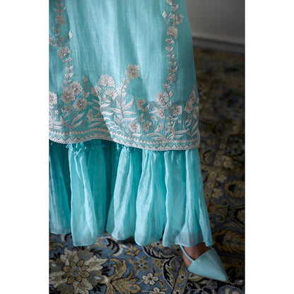 MANDIRA WIRK Women Chanderi Blue Kurta with Sharara and Dupatta