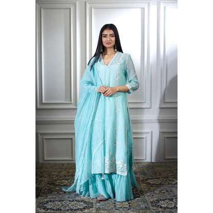MANDIRA WIRK Women Chanderi Blue Kurta with Sharara and Dupatta