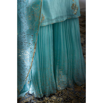 MANDIRA WIRK Women Chanderi Blue Kurta with Sharara and Dupatta