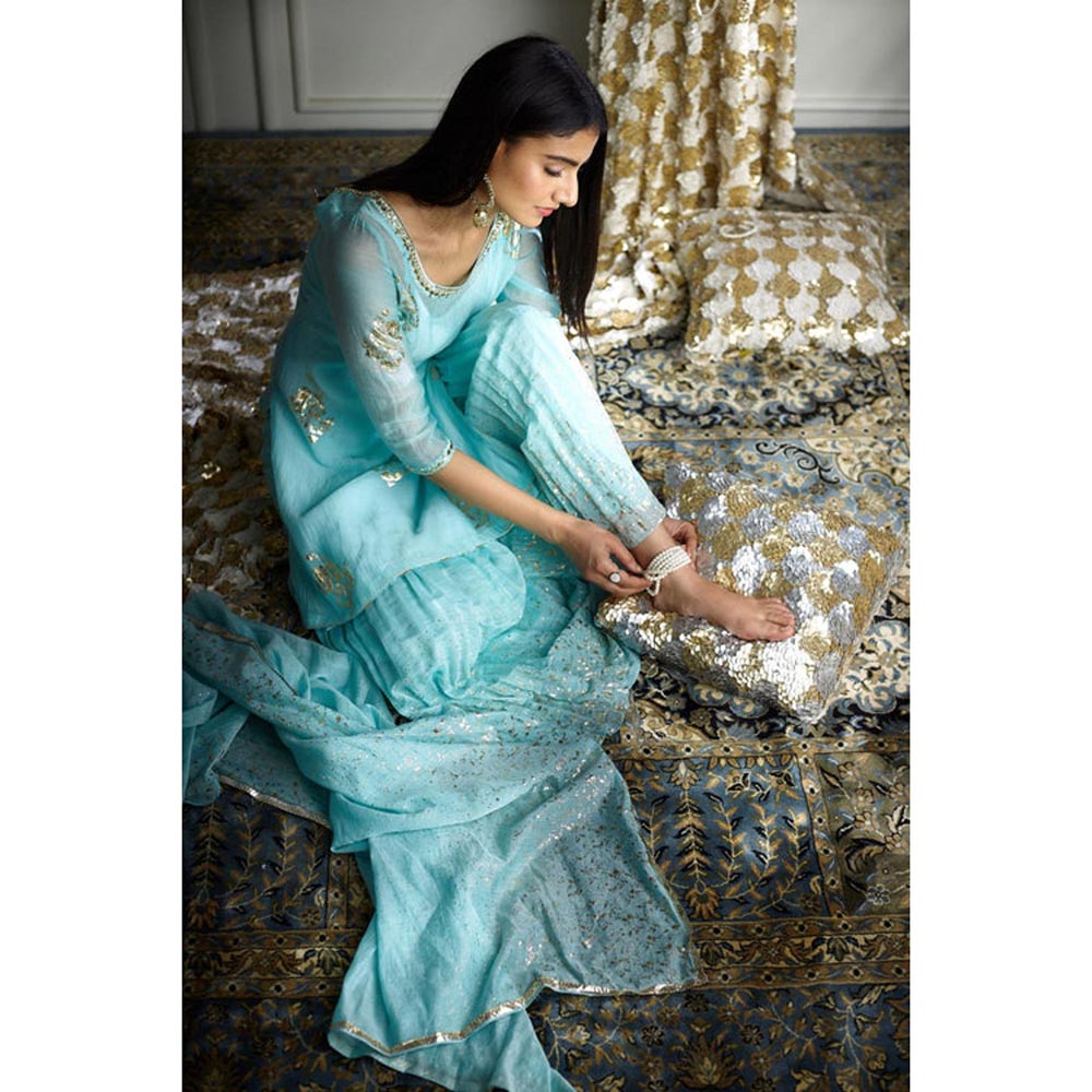 MANDIRA WIRK Women Chanderi Blue Kurta with Sharara and Dupatta