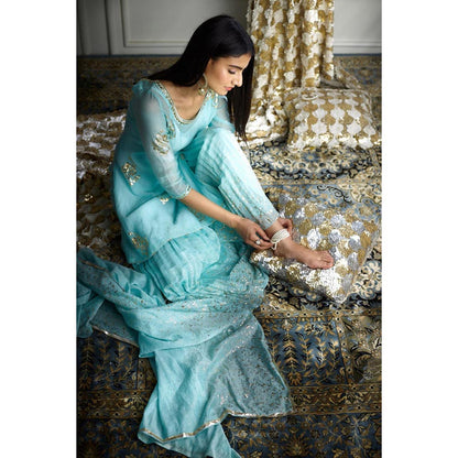 MANDIRA WIRK Women Chanderi Blue Kurta with Sharara and Dupatta