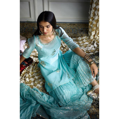MANDIRA WIRK Women Chanderi Blue Kurta with Sharara and Dupatta