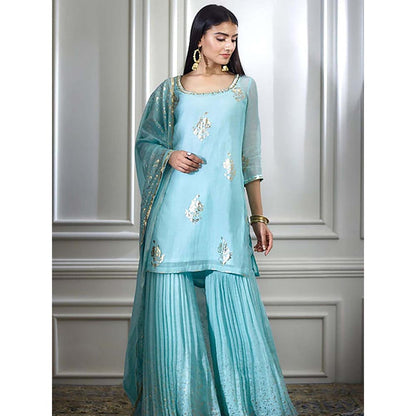 MANDIRA WIRK Women Chanderi Blue Kurta with Sharara and Dupatta