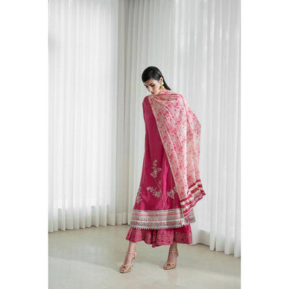 MANDIRA WIRK Women Chanderi Pink Kurta with Sharara and Dupatta