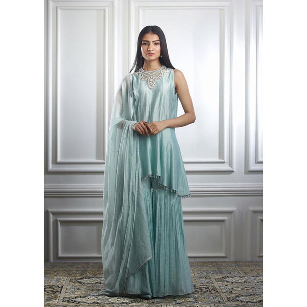 MANDIRA WIRK Women Chanderi Blue Kurta with Sharara and Dupatta