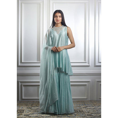 MANDIRA WIRK Women Chanderi Blue Kurta with Sharara and Dupatta