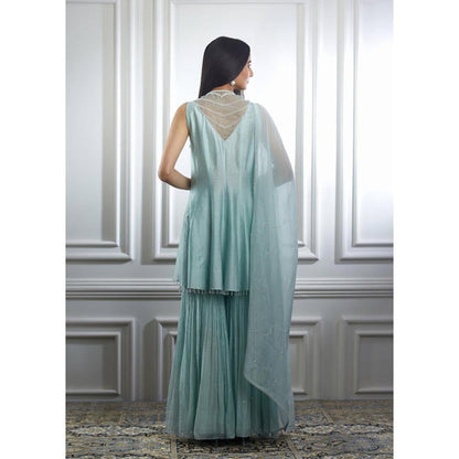 MANDIRA WIRK Women Chanderi Blue Kurta with Sharara and Dupatta