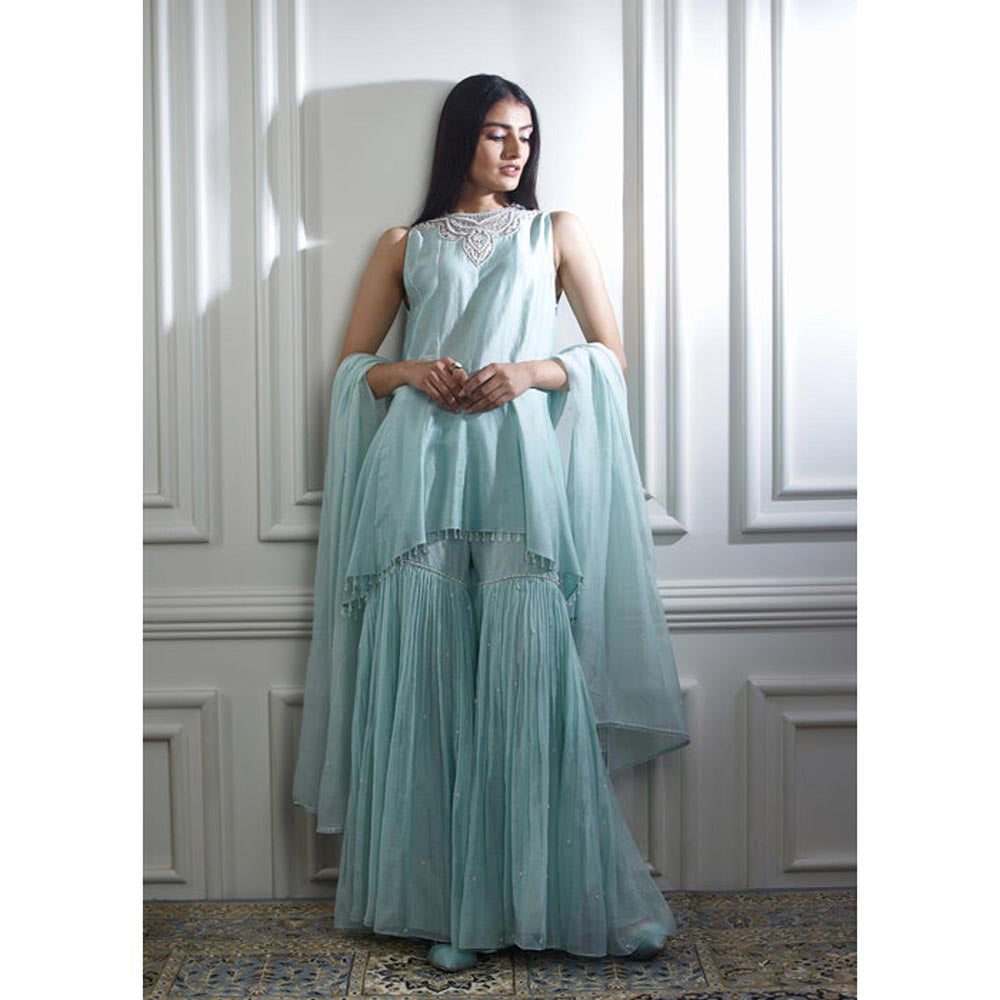 MANDIRA WIRK Women Chanderi Blue Kurta with Sharara and Dupatta