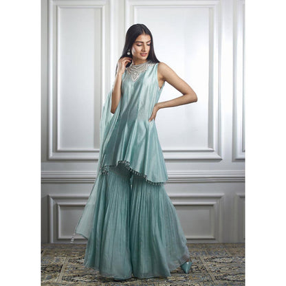 MANDIRA WIRK Women Chanderi Blue Kurta with Sharara and Dupatta