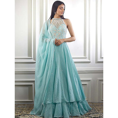 MANDIRA WIRK Women Chanderi Aqua Anarkali with Churidar and Dupatta