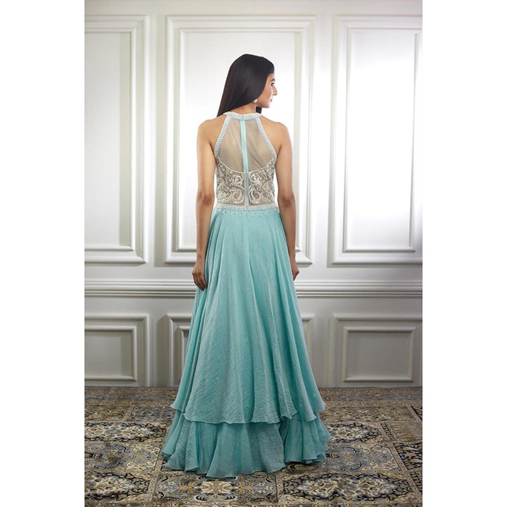 MANDIRA WIRK Women Chanderi Aqua Anarkali with Churidar and Dupatta