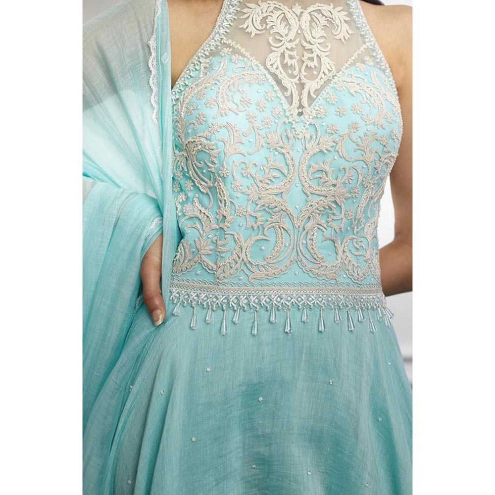 MANDIRA WIRK Women Chanderi Aqua Anarkali with Churidar and Dupatta
