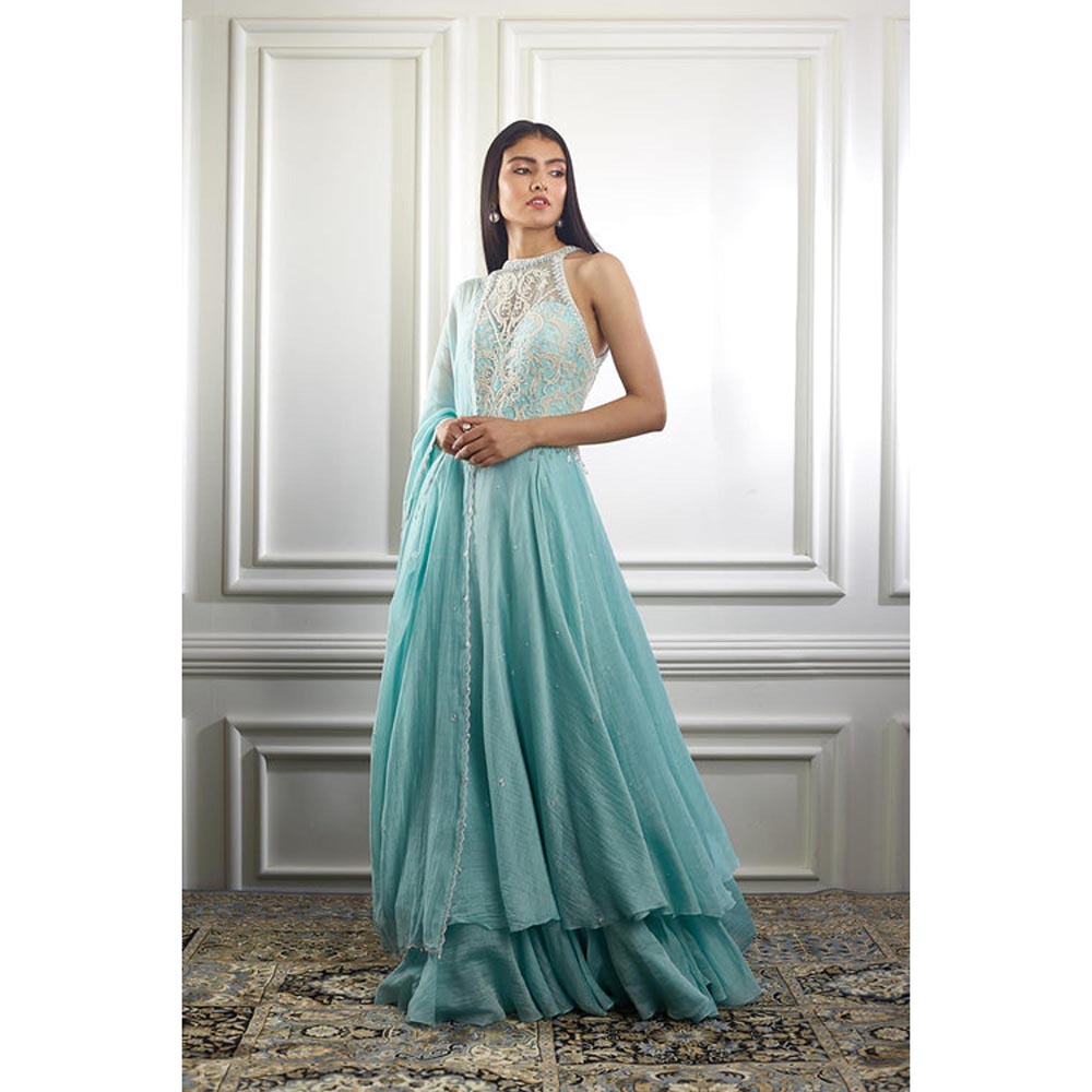 MANDIRA WIRK Women Chanderi Aqua Anarkali with Churidar and Dupatta