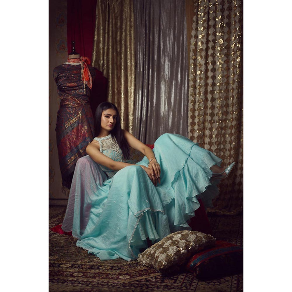 MANDIRA WIRK Women Chanderi Aqua Anarkali with Churidar and Dupatta