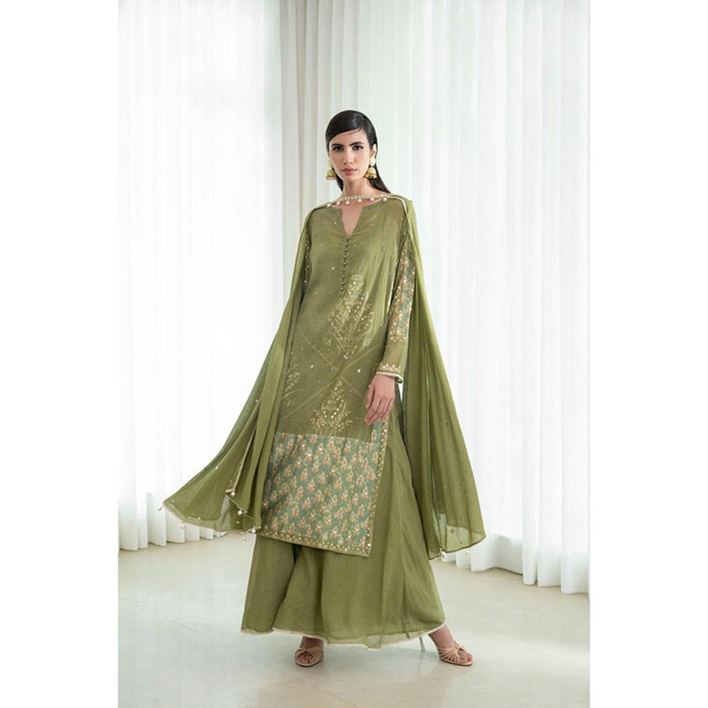 MANDIRA WIRK Women Mulmul Olive Kurta with Sharara and Dupatta