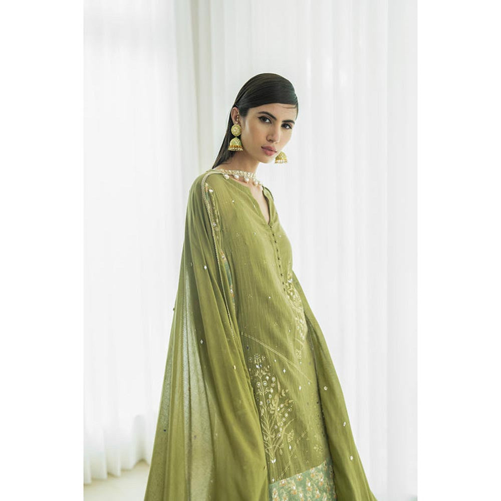 MANDIRA WIRK Women Mulmul Olive Kurta with Sharara and Dupatta