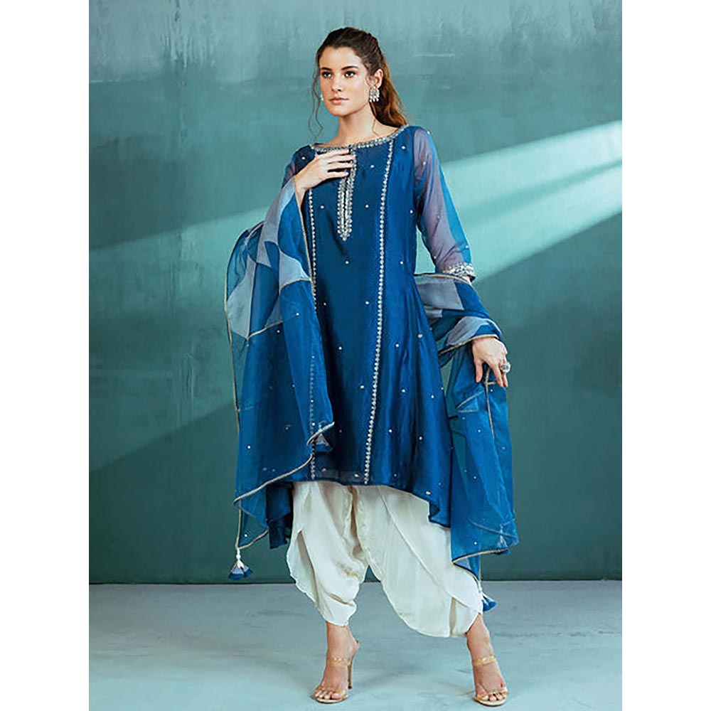 MANDIRA WIRK Women Chanderi Blue Kurta with Dhoti Pant and Dupatta