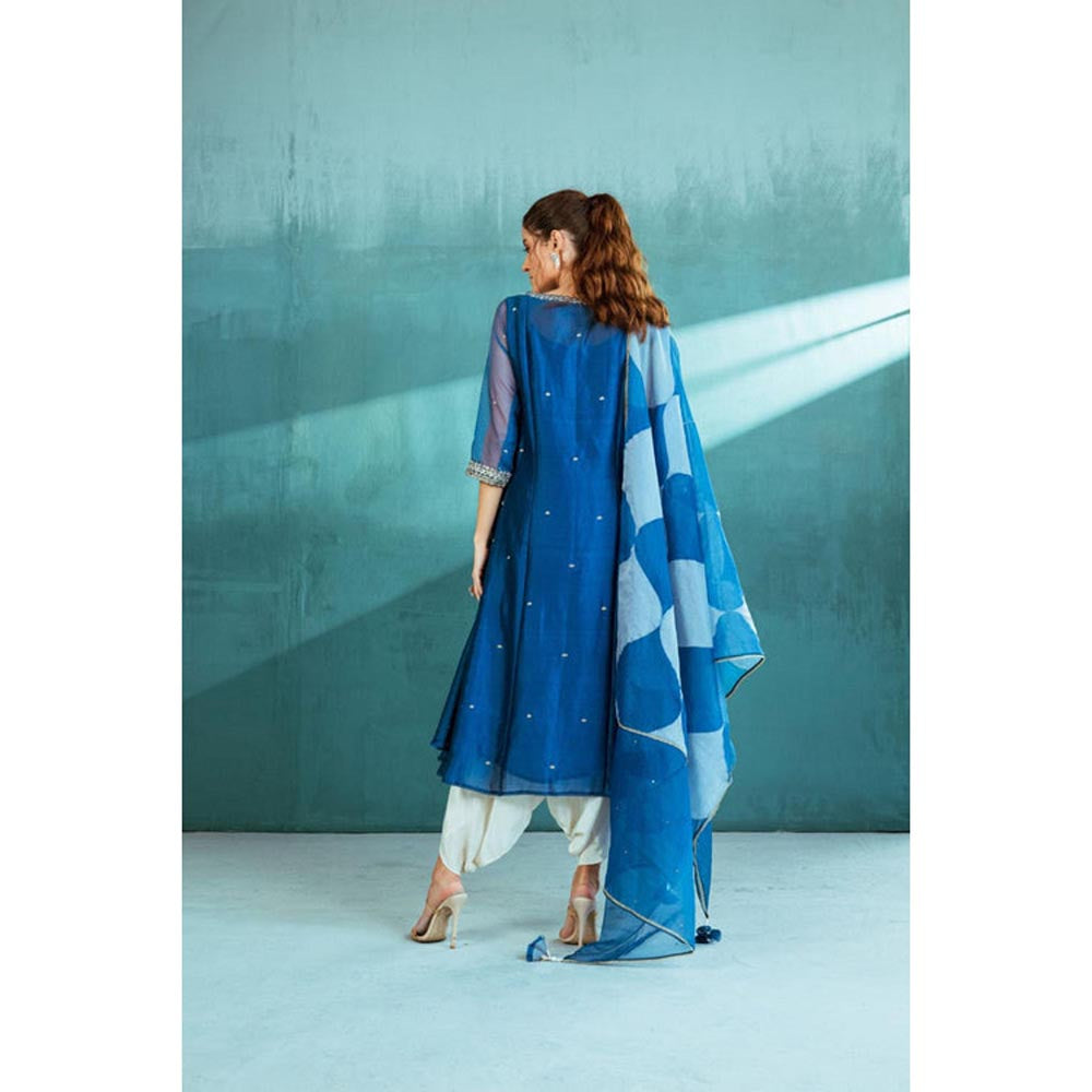 MANDIRA WIRK Women Chanderi Blue Kurta with Dhoti Pant and Dupatta