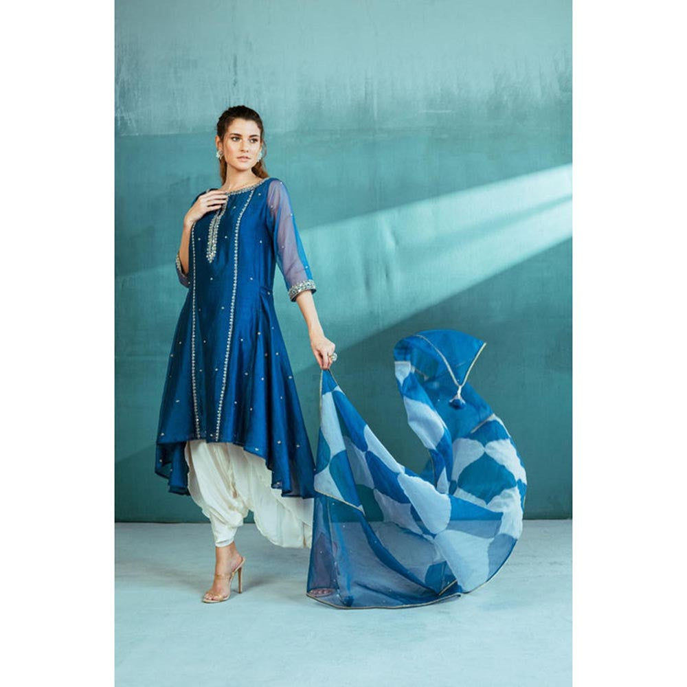 MANDIRA WIRK Women Chanderi Blue Kurta with Dhoti Pant and Dupatta
