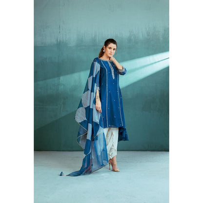 MANDIRA WIRK Women Chanderi Blue Kurta with Dhoti Pant and Dupatta