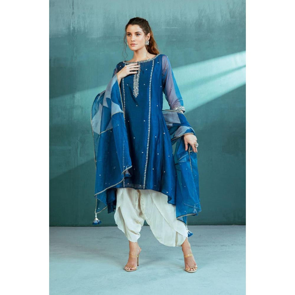 MANDIRA WIRK Women Chanderi Blue Kurta with Dhoti Pant and Dupatta