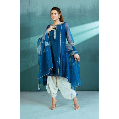 MANDIRA WIRK Women Chanderi Blue Kurta with Dhoti Pant and Dupatta