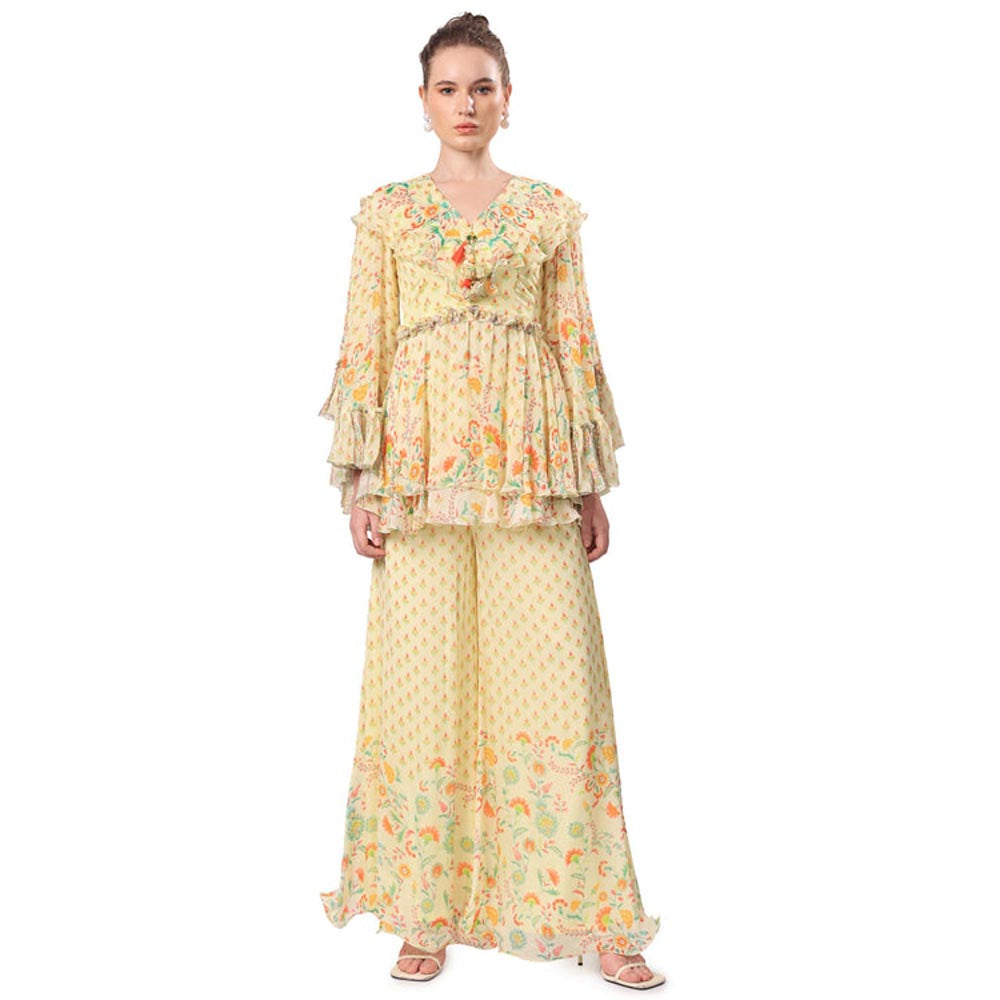 MANDIRA WIRK Women Chiffon Yellow Top with Sharara