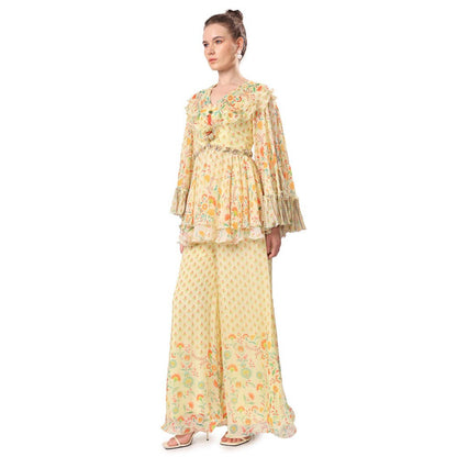 MANDIRA WIRK Women Chiffon Yellow Top with Sharara