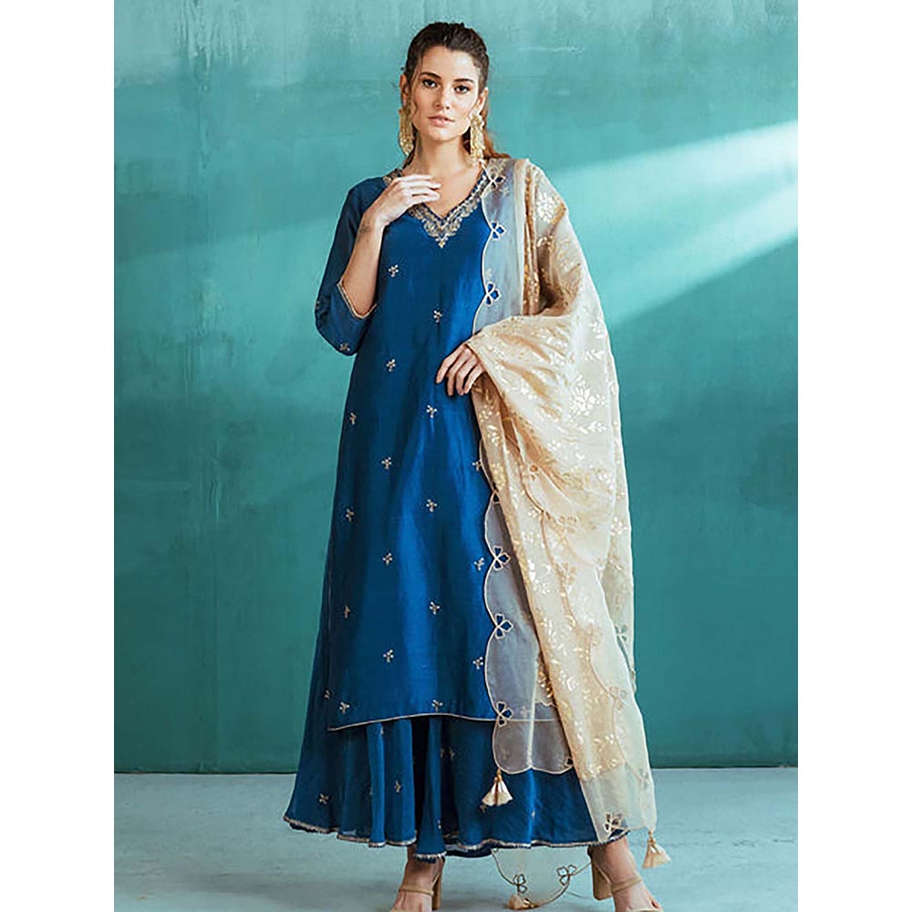 MANDIRA WIRK Women Chanderi Blue Kurta with Sharara and Dupatta