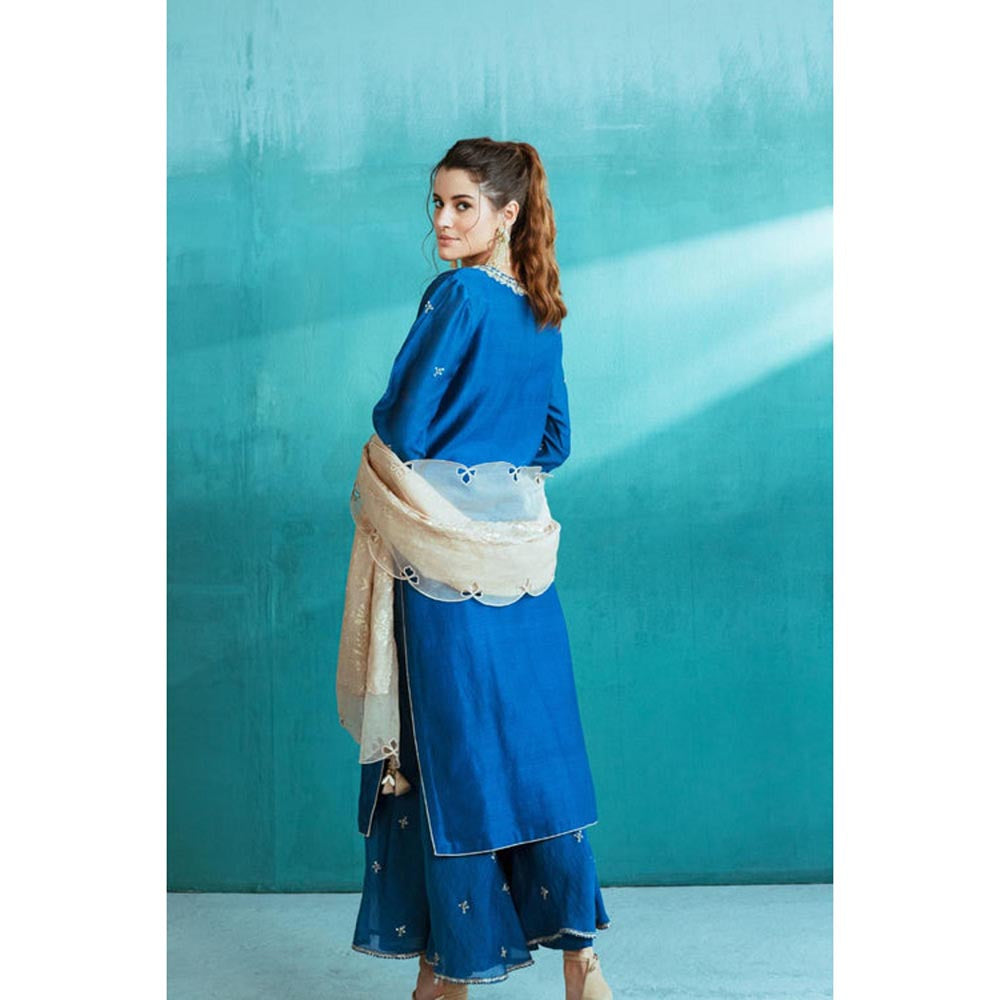 MANDIRA WIRK Women Chanderi Blue Kurta with Sharara and Dupatta