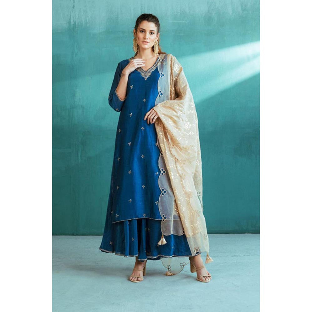 MANDIRA WIRK Women Chanderi Blue Kurta with Sharara and Dupatta