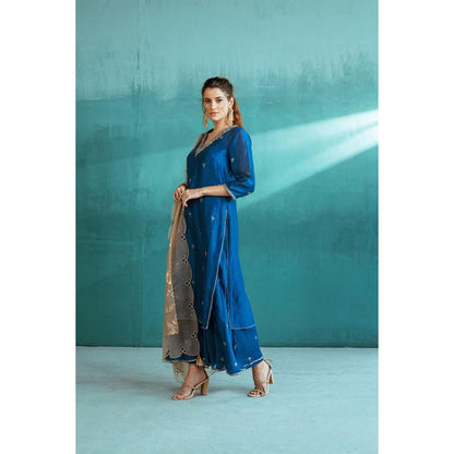 MANDIRA WIRK Women Chanderi Blue Kurta with Sharara and Dupatta