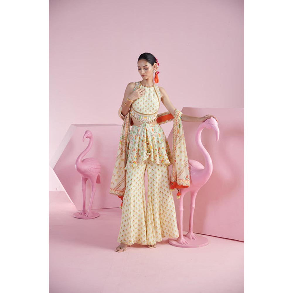 MANDIRA WIRK Women Chanderi Beige Top with Sharara and Dupatta