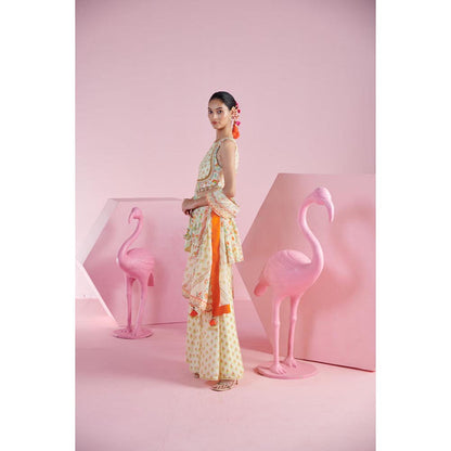 MANDIRA WIRK Women Chanderi Beige Top with Sharara and Dupatta