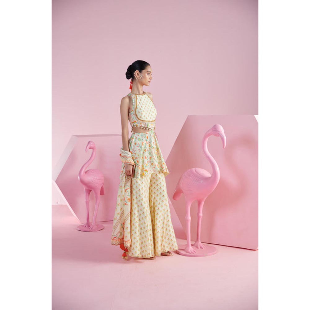 MANDIRA WIRK Women Chanderi Beige Top with Sharara and Dupatta