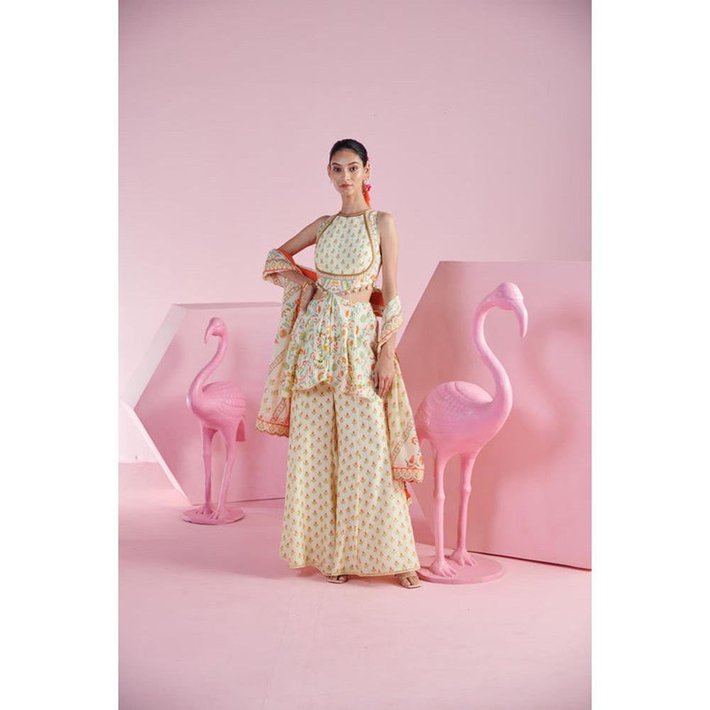 MANDIRA WIRK Women Chanderi Beige Top with Sharara and Dupatta