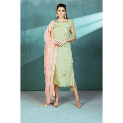 MANDIRA WIRK Women Chanderi Green Kurta with Pant and Dupatta