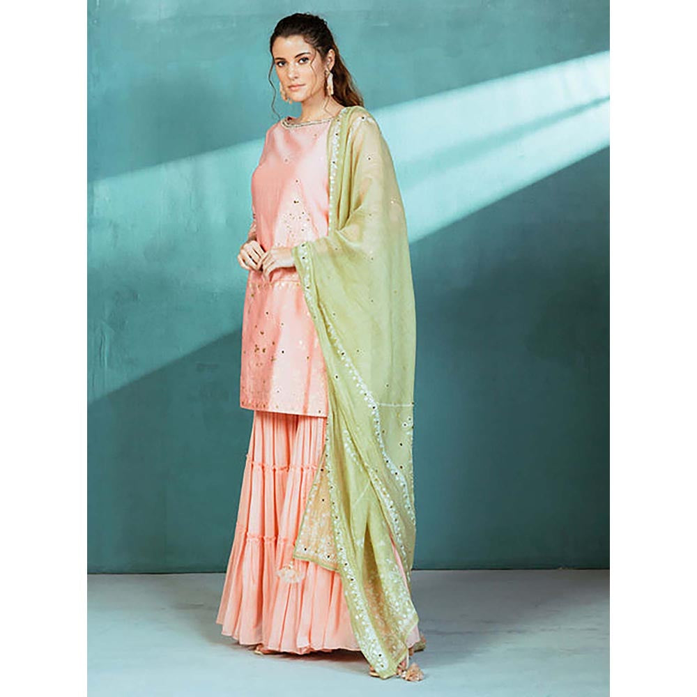 MANDIRA WIRK Women Chanderi Peach Kurta with Sharara and Dupatta