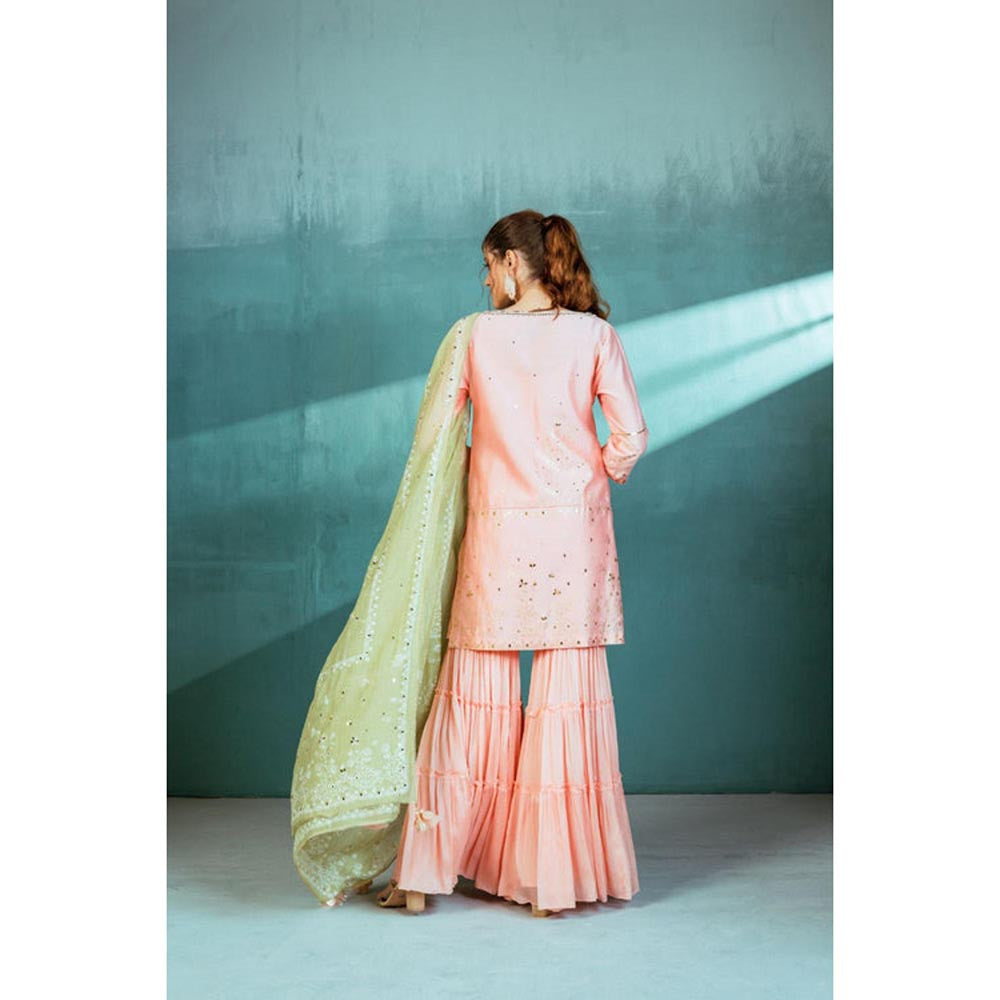 MANDIRA WIRK Women Chanderi Peach Kurta with Sharara and Dupatta