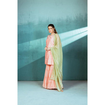 MANDIRA WIRK Women Chanderi Peach Kurta with Sharara and Dupatta